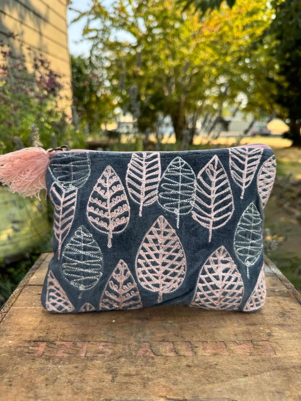 Gray Pink Leaves Makeup Bag Pouch 8 x 6 Makeup Bag Accessory Travel